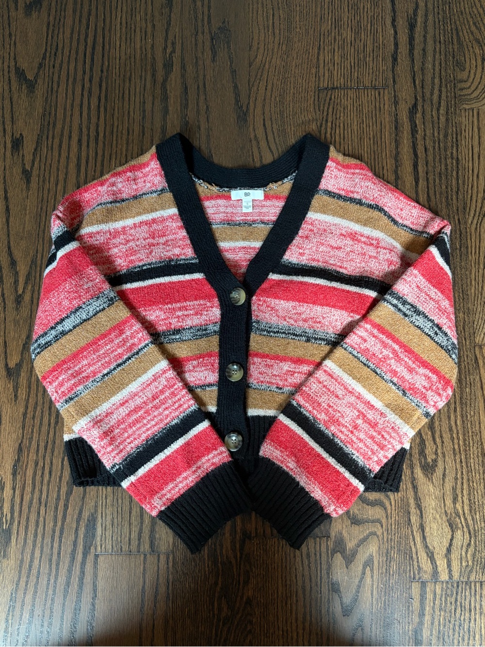 bp Cropped Striped V-Neck Cardigan in Red, Tan & Black